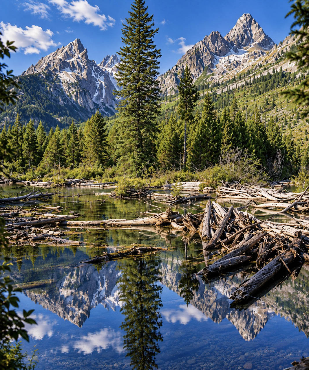 Teton peaks reflected in a forest lake