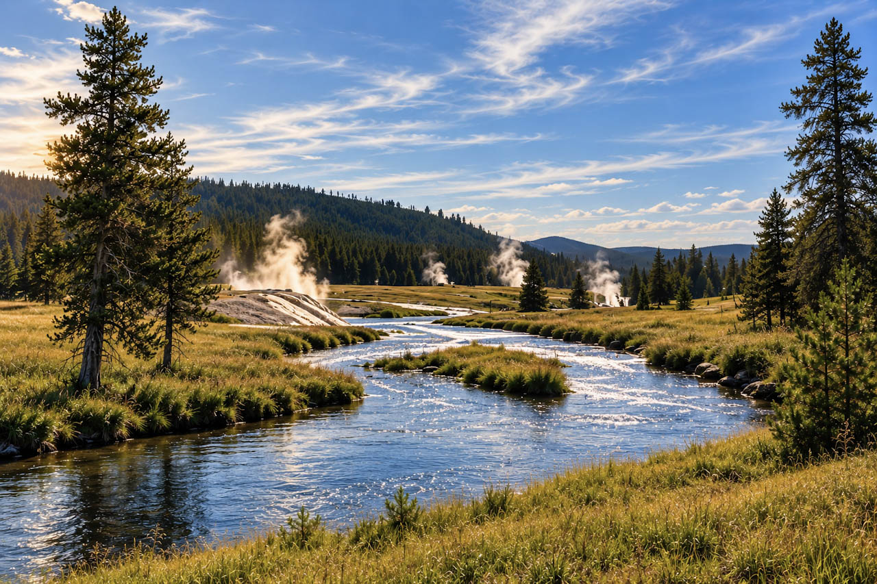 Sunlit river winding between lodgepole pines