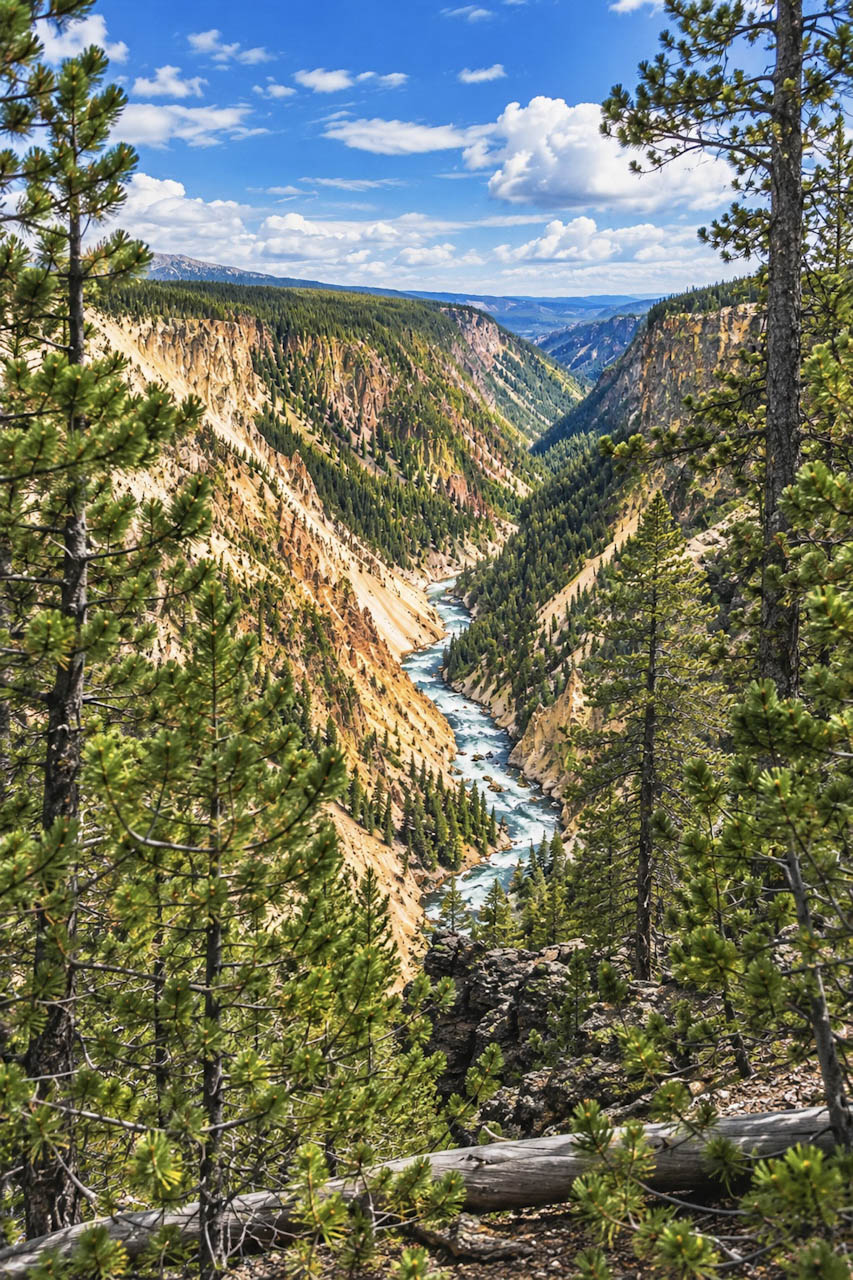 Canyon overlook framed by evergreens