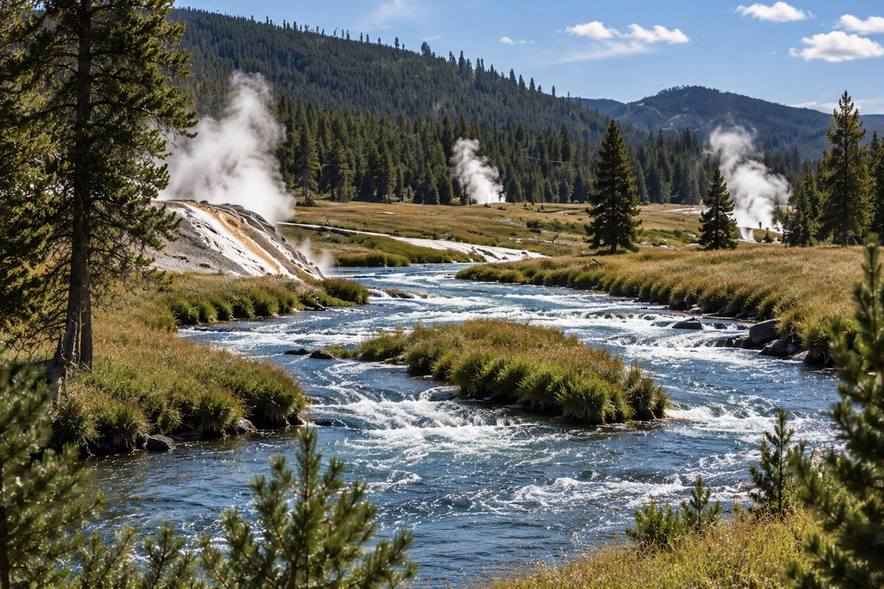 Mountain stream winding through Yellowstone