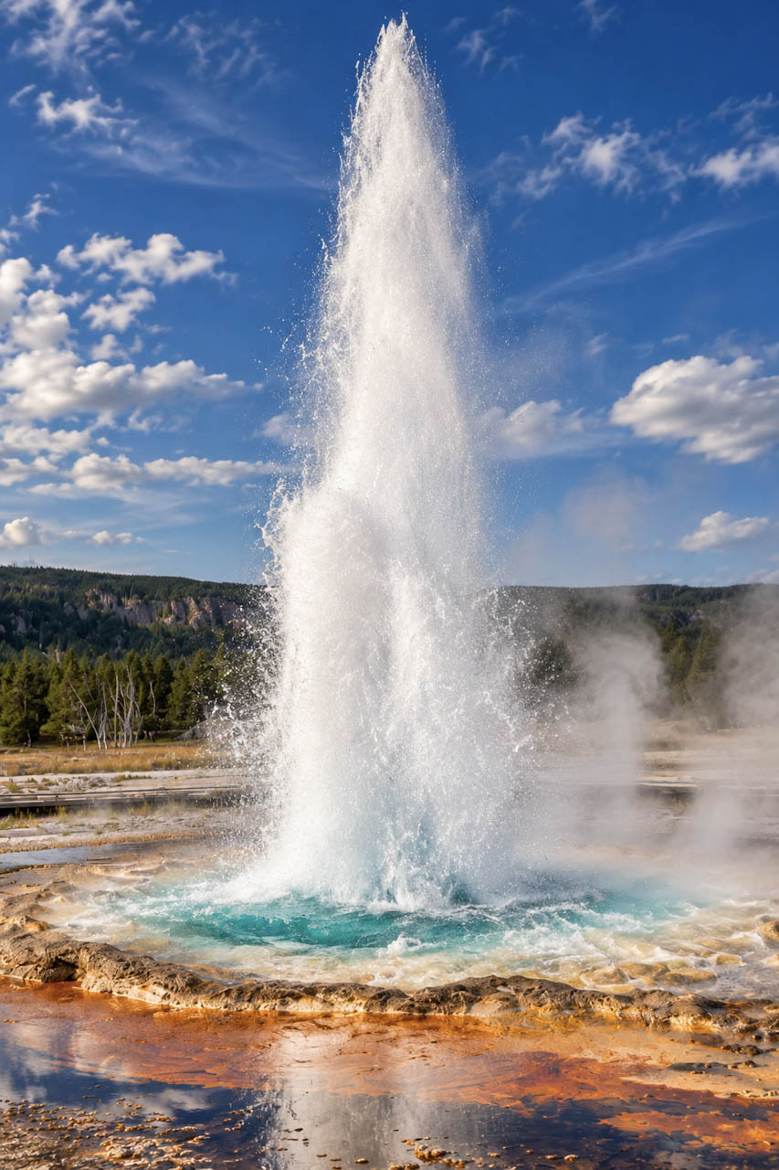 Old Faithful geyser rising into a blue sky